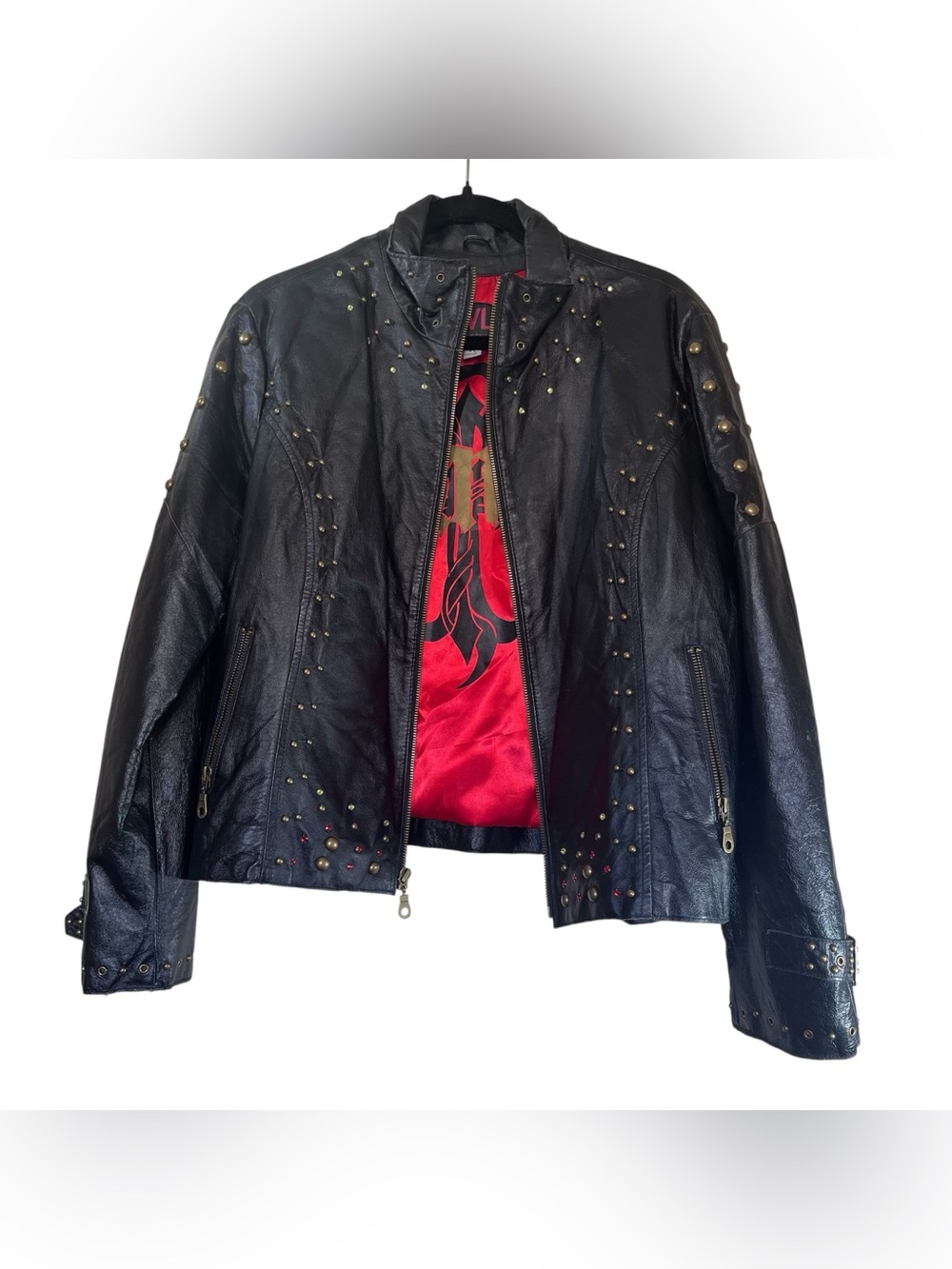 Wilsons Leather Peace Love Studded Black Leather Jacket XL Biker
